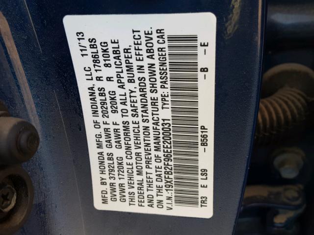 19XFB2F96EE200031 - 2014 HONDA CIVIC EXL BLUE photo 10