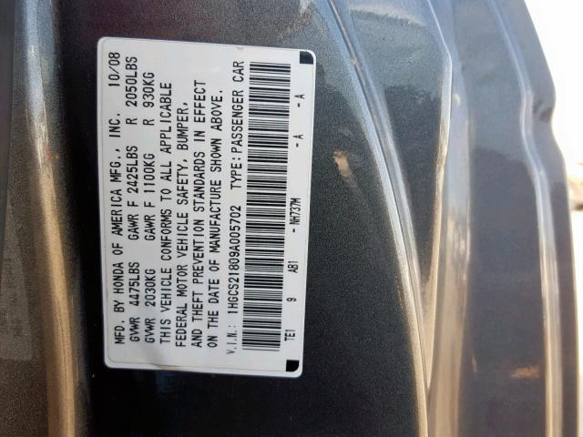 1HGCS21809A005702 - 2009 HONDA ACCORD EXL GRAY photo 10