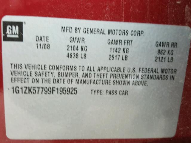 1G1ZK57799F195925 - 2009 CHEVROLET MALIBU LTZ 栗色 照片 10