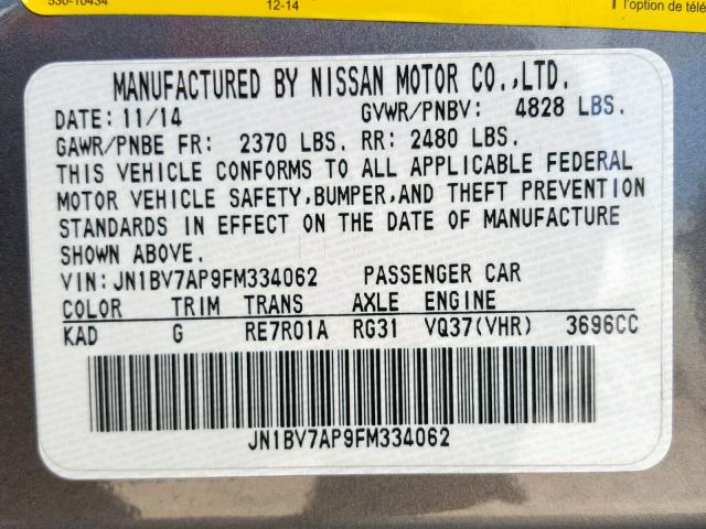 JN1BV7AP9FM334062 - 2015 INFINITI Q50 BASE GRAY photo 10