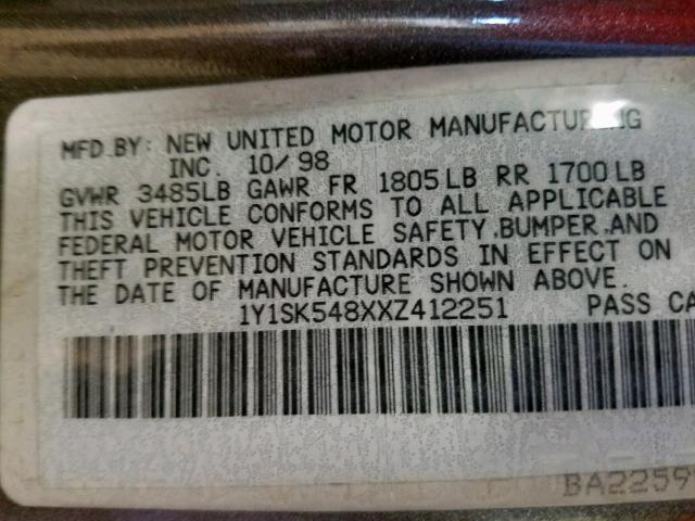 1Y1SK548XXZ412251 - 1999 CHEVROLET GEO PRIZM ოქროსფერი ფოტო 10