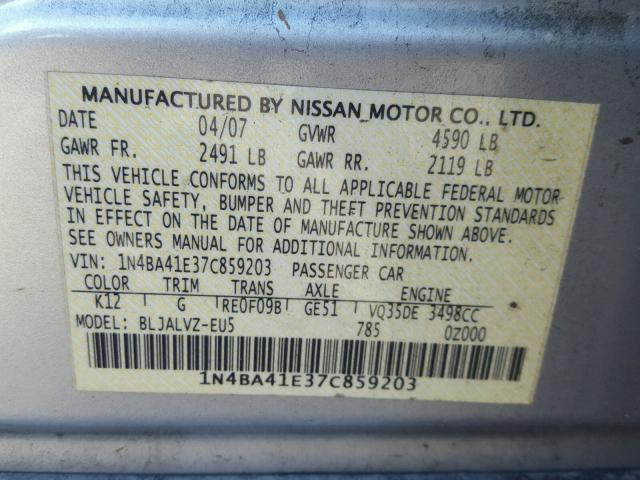 1N4BA41E37C859203 - 2007 NISSAN MAXIMA SE SILVER photo 10