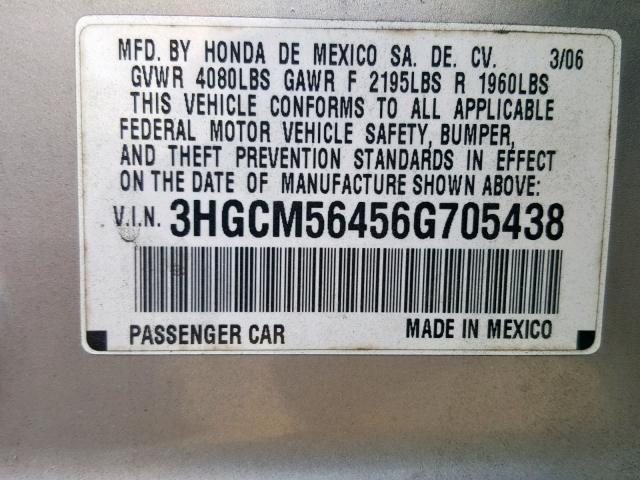 3HGCM56456G705438 - 2006 HONDA ACCORD LX SILVER photo 10