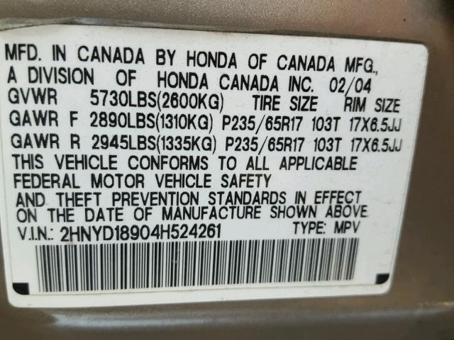 2HNYD18904H524261 - 2004 ACURA MDX TOURIN TAN photo 10