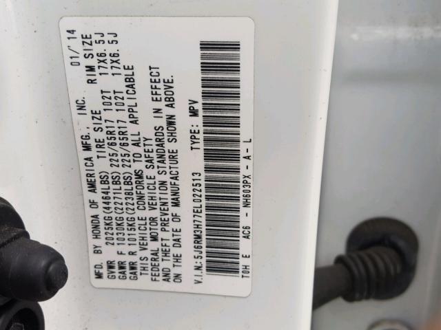 5J6RM3H77EL022513 - 2014 HONDA CR-V EXL WHITE photo 10