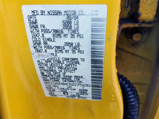 5N1ED28Y04C657526 - 2004 NISSAN XTERRA XE YELLOW photo 10