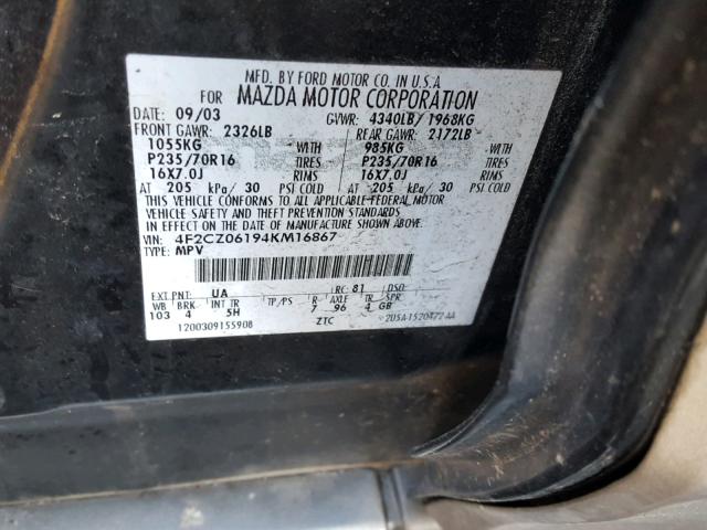 4F2CZ06194KM16867 - 2004 MAZDA TRIBUTE ES BLACK photo 10