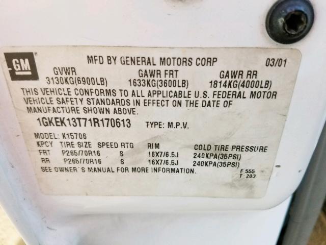 1GKEK13T71R170613 - 2001 GMC YUKON WHITE photo 10