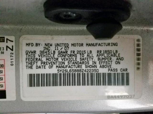 5Y2SL65888Z422350 - 2008 PONTIAC VIBE SILVER photo 10