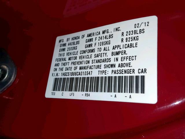 1HGCS1B86CA010547 - 2012 HONDA ACCORD EXL RED photo 10