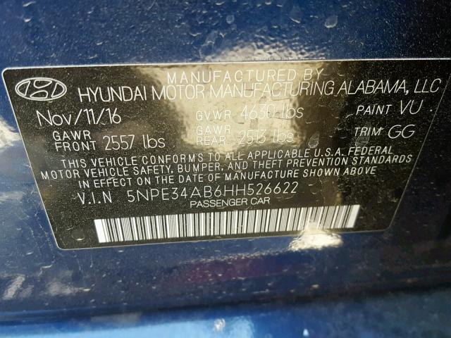 5NPE34AB6HH526622 - 2017 HYUNDAI SONATA SPO BLUE photo 10