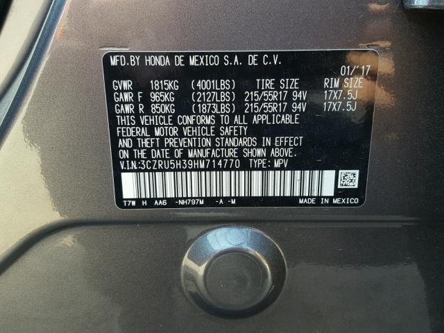 3CZRU5H39HM714770 - 2017 HONDA HR-V LX GRAY photo 10