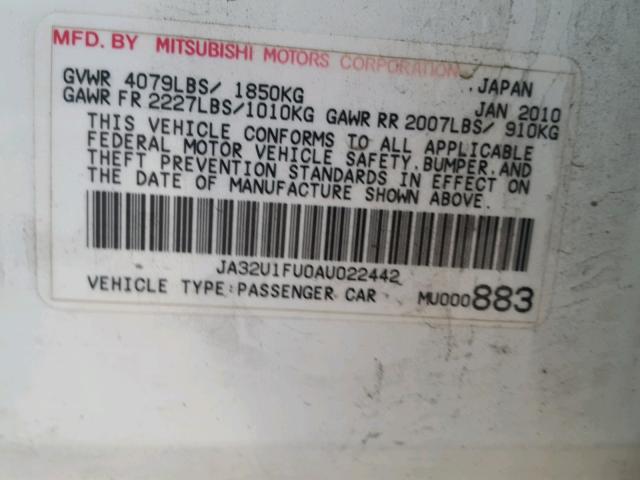 JA32U1FU0AU022442 - 2010 MITSUBISHI LANCER DE WHITE photo 10