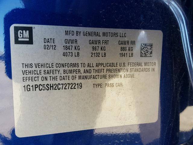 1G1PC5SH2C7272219 - 2012 CHEVROLET CRUZE LS BLUE photo 10