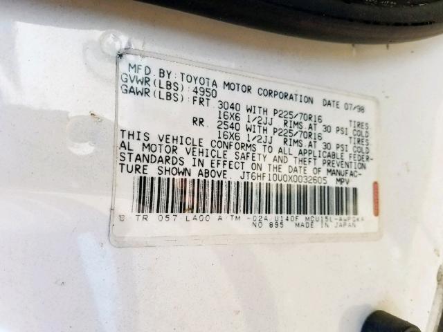 JT6HF10U0X0032605 - 1999 LEXUS RX 300 WHITE photo 10