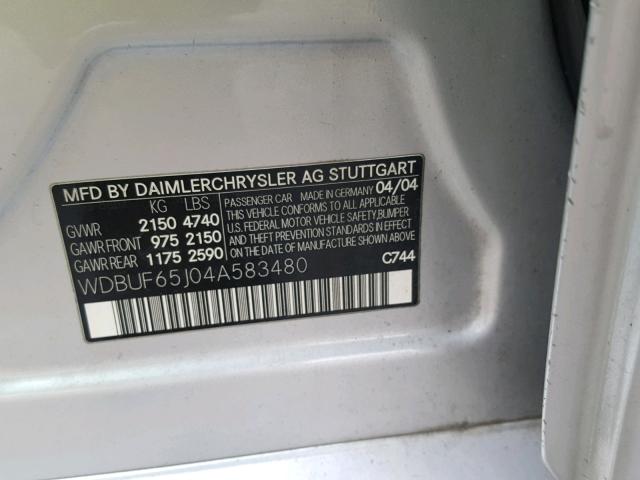 WDBUF65J04A583480 - 2004 MERCEDES-BENZ E 320 SILVER photo 10