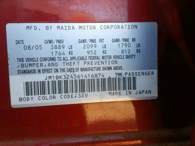 JM1BK324361416874 - 2006 MAZDA 3 S RED photo 10