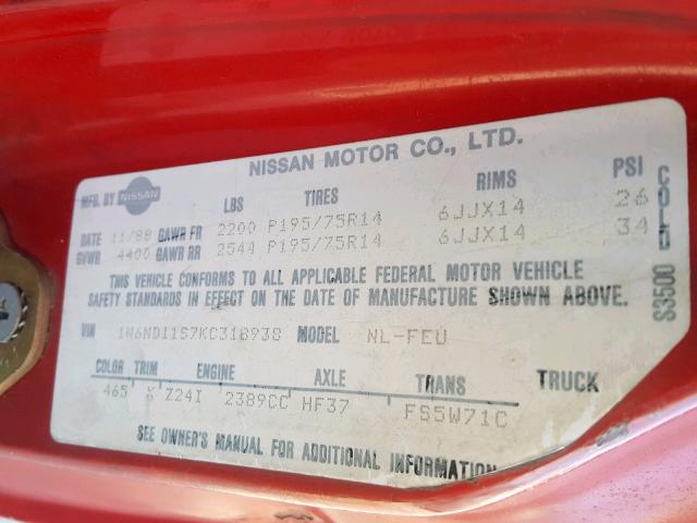 1N6ND11S7KC318938 - 1989 NISSAN D21 SHORT RED photo 10