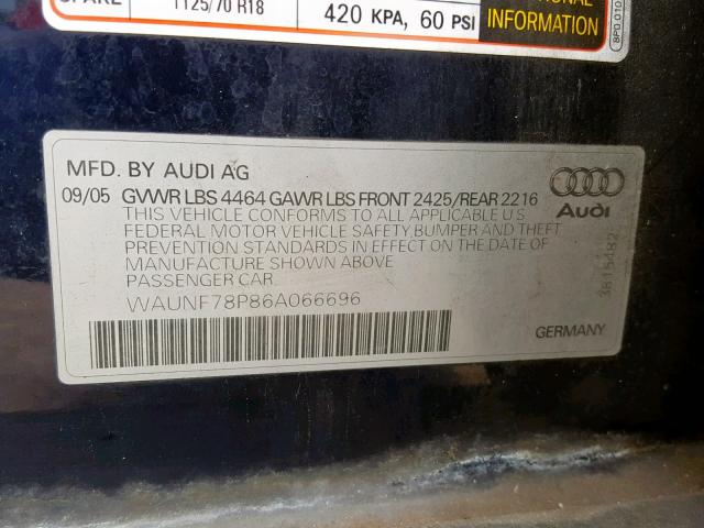 WAUNF78P86A066696 - 2006 AUDI A3 2.0 PRE BLUE photo 10