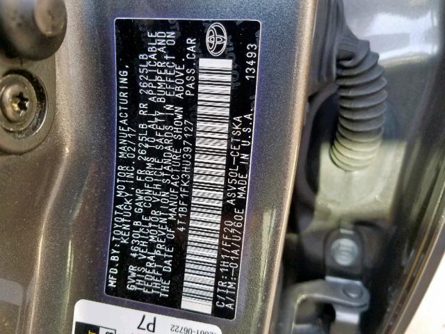 4T1BF1FK3HU397127 - 2017 TOYOTA CAMRY LE GRAY photo 10