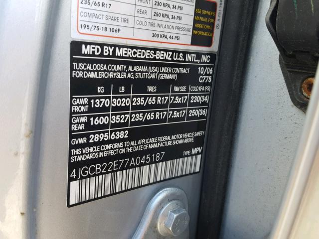 4JGCB22E77A045187 - 2007 MERCEDES-BENZ R 320 CDI SILVER photo 10