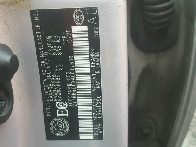 2T1KE4EEXAC042639 - 2010 TOYOTA COROLLA MA SILVER photo 10