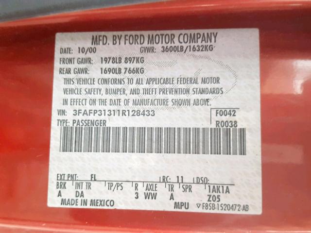 3FAFP31311R128433 - 2001 FORD FOCUS ZX3 RED photo 10