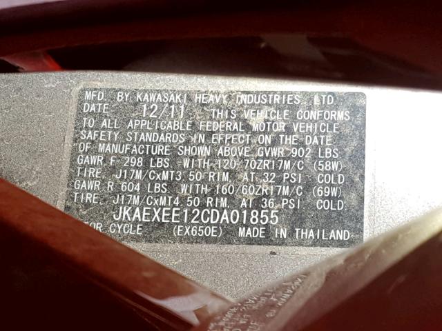 JKAEXEE12CDA01855 - 2012 KAWASAKI EX650 EC RED photo 10