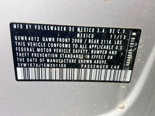 3VW1K7AJ1EM391109 - 2014 VOLKSWAGEN JETTA BASE SILVER photo 10