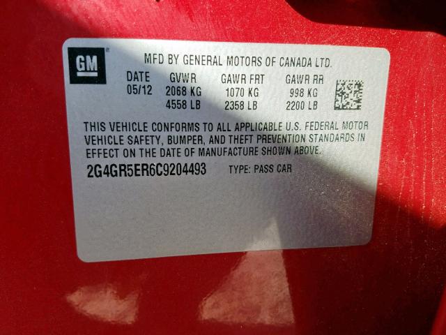 2G4GR5ER6C9204493 - 2012 BUICK REGAL RED photo 10