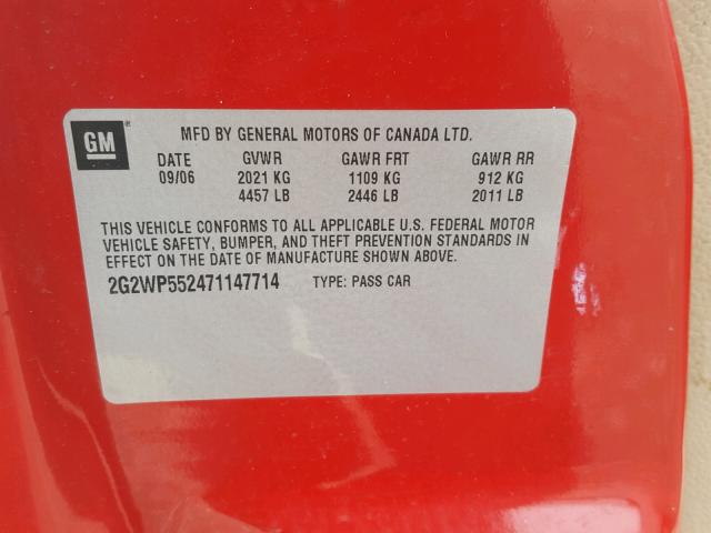 2G2WP552471147714 - 2007 PONTIAC GRAND PRIX RED photo 10