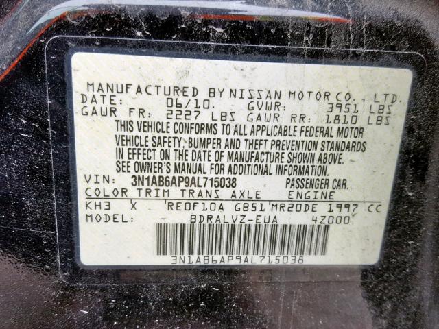 3N1AB6AP9AL715038 - 2010 NISSAN SENTRA 2.0 BLACK photo 10