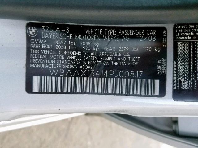 WBAAX13414PJ00817 - 2004 BMW 325 IT SUL SILVER photo 10