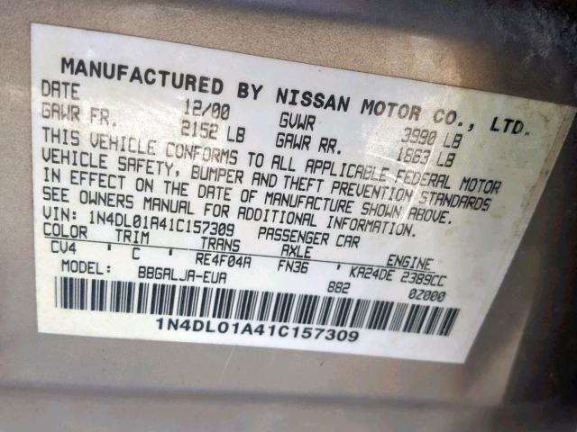 1N4DL01A41C157309 - 2001 NISSAN ALTIMA GXE BEIGE photo 10