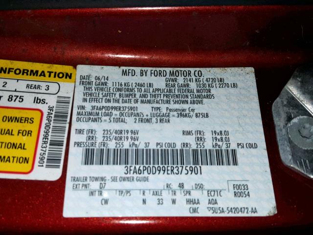 3FA6P0D99ER375901 - 2014 FORD FUSION TIT RED photo 10