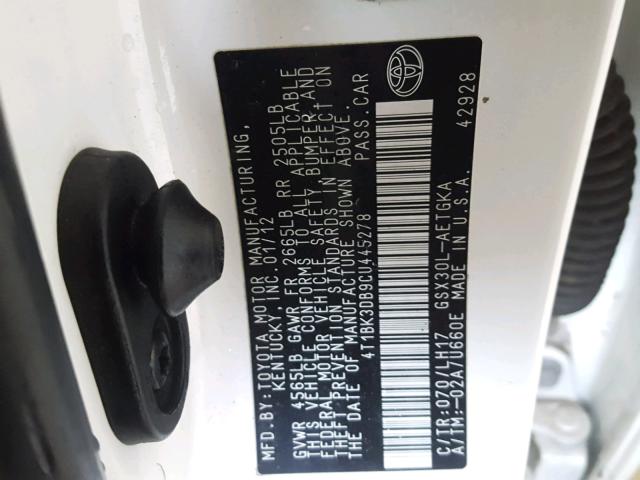 4T1BK3DB9CU445278 - 2012 TOYOTA AVALON BAS WHITE photo 10