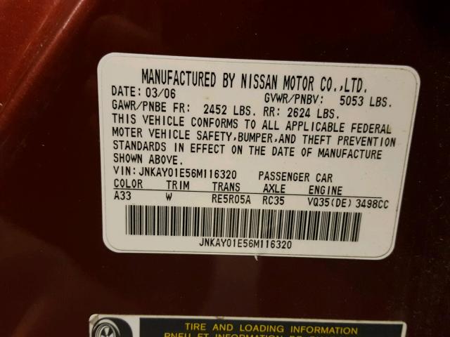 JNKAY01E56M116320 - 2006 INFINITI M35 BASE RED photo 10