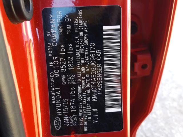 KMHCT4AE2GU096170 - 2016 HYUNDAI ACCENT SE RED photo 10