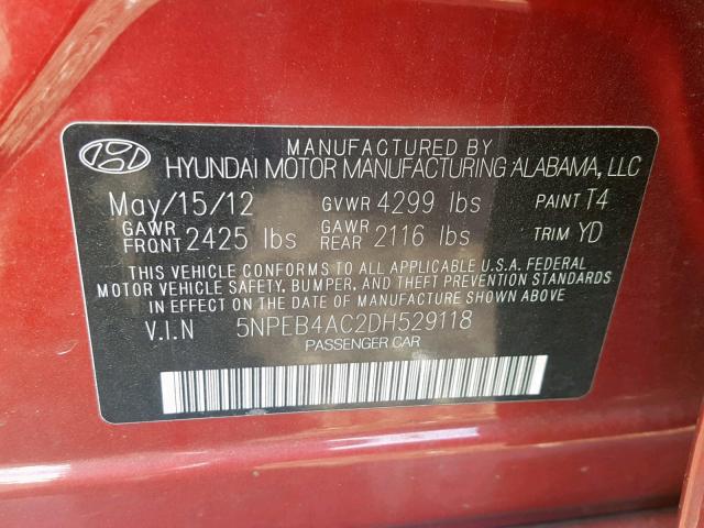 5NPEB4AC2DH529118 - 2013 HYUNDAI SONATA GLS RED photo 10