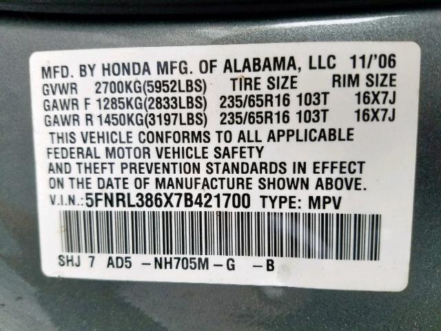 5FNRL386X7B421700 - 2007 HONDA ODYSSEY EX GRAY photo 10