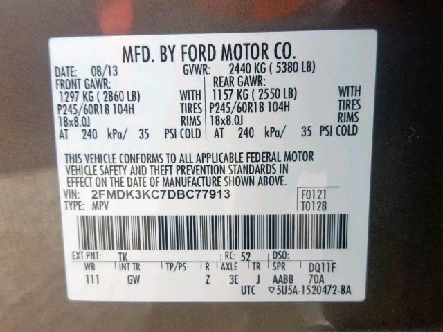 2FMDK3KC7DBC77913 - 2013 FORD EDGE LIMIT BEIGE photo 10