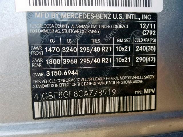 4JGBF8GE8CA778919 - 2012 MERCEDES-BENZ GL 550 4MA SILVER photo 10