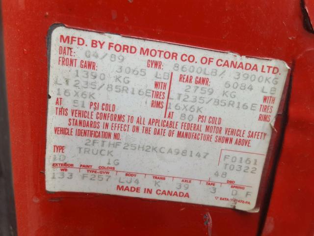 2FTHF25H2KCA98147 - 1989 FORD F250 RED photo 10