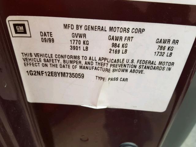 1G2NF12E8YM735059 - 2000 PONTIAC GRAND AM S BURGUNDY photo 10