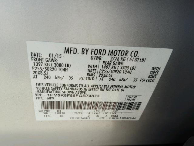 1FM5K8F86FGB74873 - 2015 FORD EXPLORER L SILVER photo 10