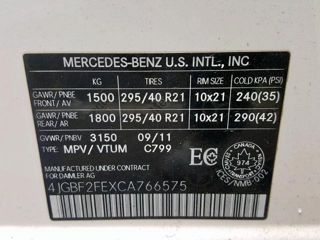 4JGBF2FEXCA766575 - 2012 MERCEDES-BENZ GL 350 BLU WHITE photo 10