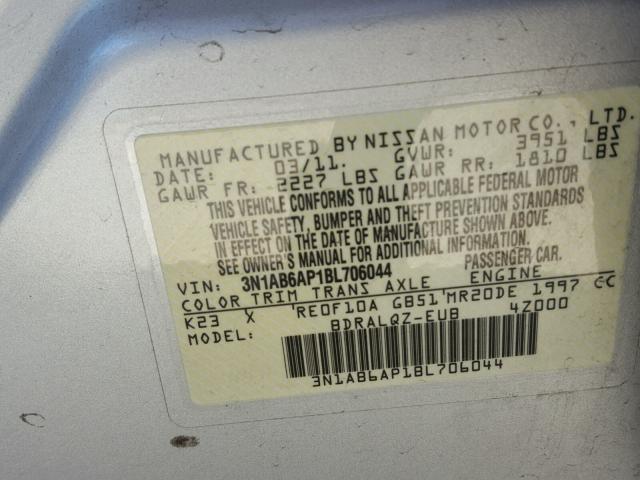 3N1AB6AP1BL706044 - 2011 NISSAN SENTRA 2.0 SILVER photo 10