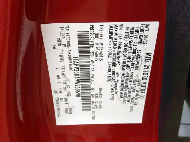 1FAHP35N19W268690 - 2009 FORD FOCUS SE RED photo 10