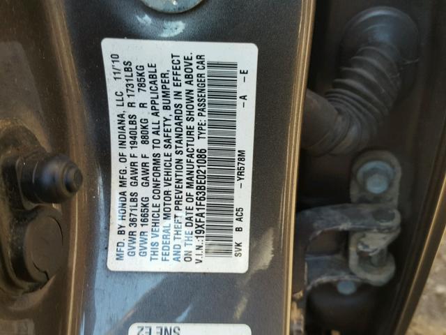 19XFA1F63BE021086 - 2011 HONDA CIVIC LX-S Negro foto 10