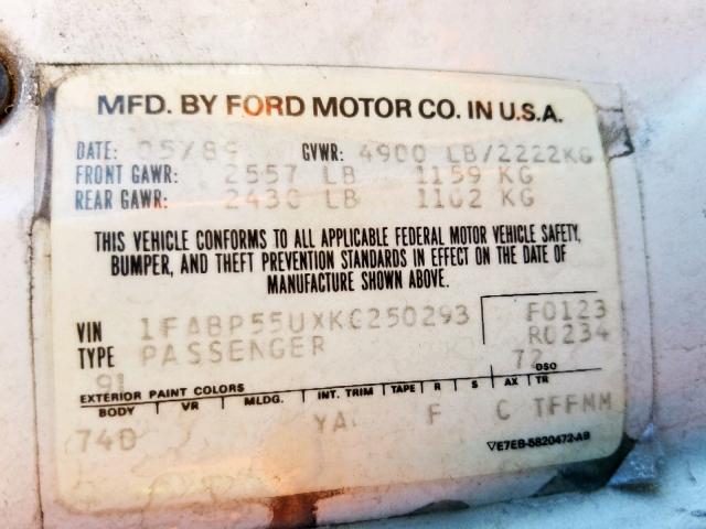 1FABP55UXKG250293 - 1989 FORD TAURUS L WHITE photo 10